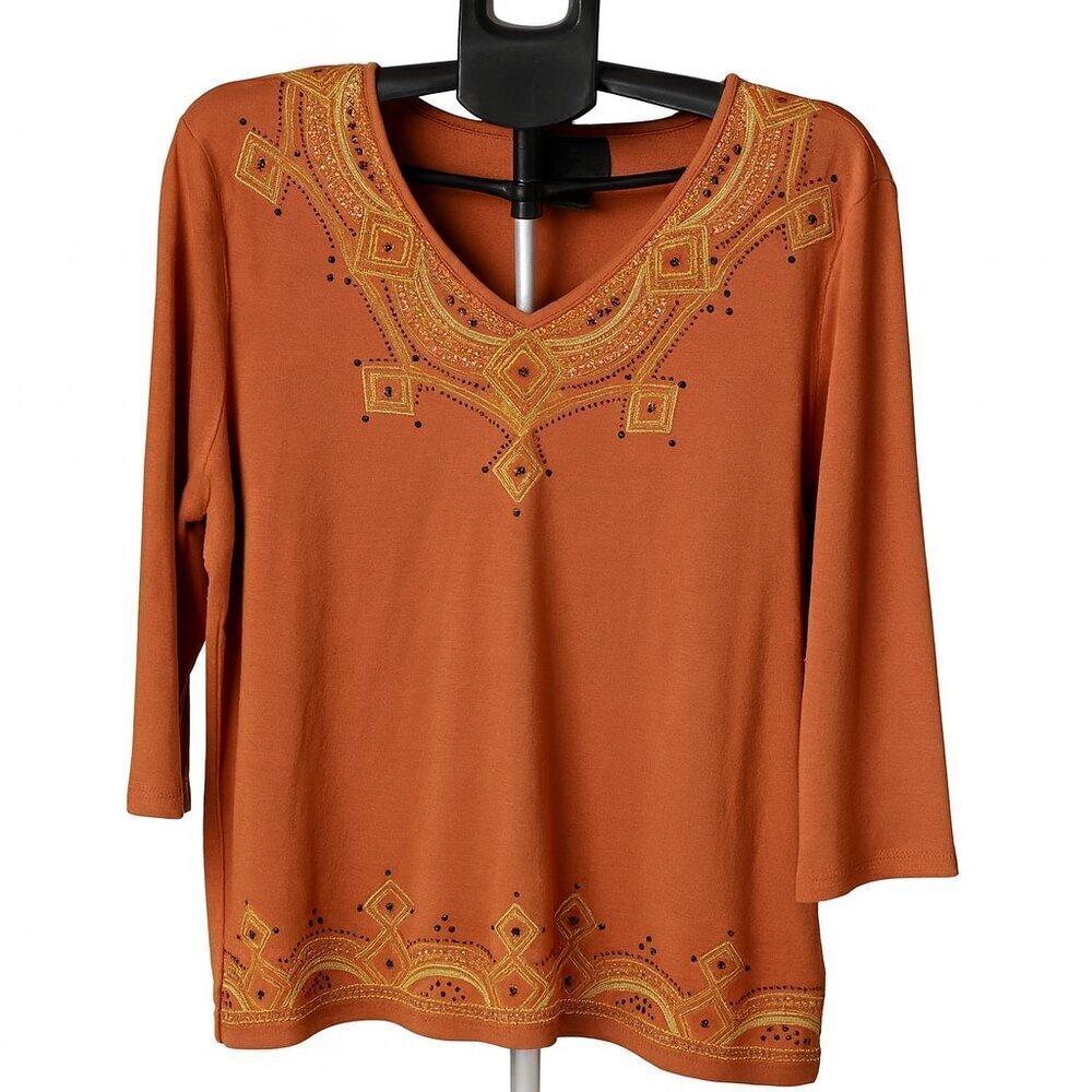 Alfred Dunner Orange Embroidered Beaded V-Neck 3/4 Sleeve Top